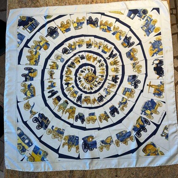 Vintage HermesCarrosserie Silk Scarf by Phillipe Ledoux White with Blue